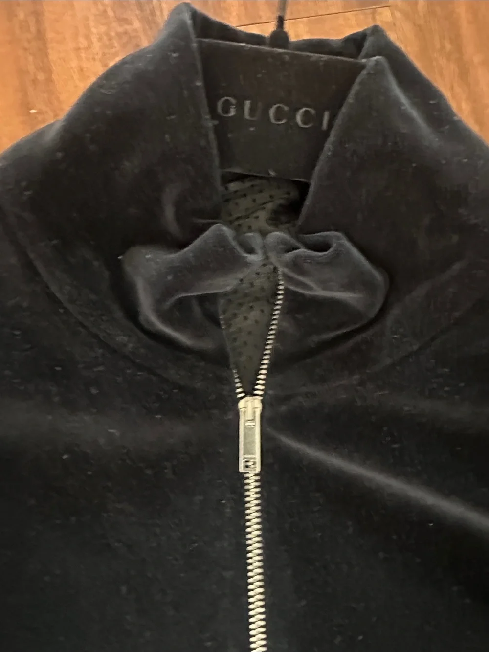 Gucci Black Velvet Zip-Up Bomber with Green & Red Stripe